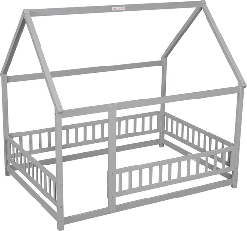 Vista 15 de Harper & Bright Designs Montessori - Cama doble individual, cama de suelo con rieles y techo, plataforma de madera maciza para niños, adolescentes