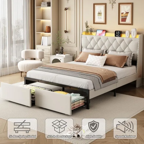 Vista 8 de Base de cama tamaño matrimonial con cabecera de almacenamiento y 2 cajones, base de cama tapizada con luces LED y práctica estación de carga, no Gris