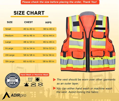 Vista 7 de AdirPro - Chaleco de seguridad para agrimensor con bolsillos - Chaleco reflectante de alta visibilidad para construcción