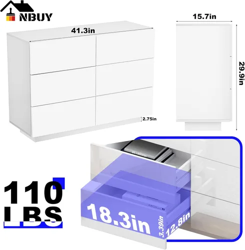 Vista 8 de Anbuy Cómoda doble LED negra de 6 cajones con luz, cómoda moderna para dormitorio con cajones de alto brillo, doble cómoda (negro)