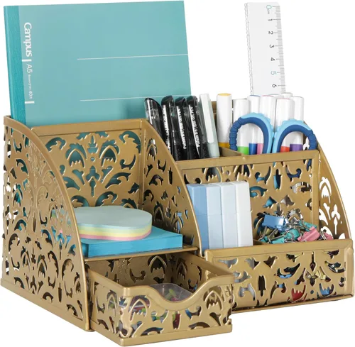 Vista 11 de Organizador de escritorio EasyPAG con cajón y soporte para lápices, organizador de escritorio de 6 compartimentos, organizador de metal para oficina