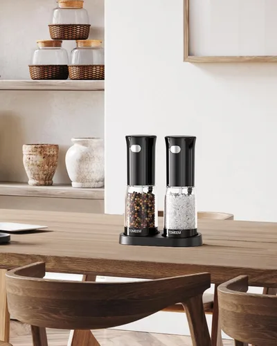 Vista 8 de TOMEEM Juego de molinillo eléctrico de sal y pimienta, recargable con indicador de alimentación LED, molienda ajustable de 5 niveles, luz LED