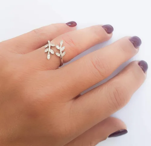 Vista 2 de Sterling Silver 925 Clear CZ Ring Leaf Laurel Nature Branch Adjustable Band Tiny Diamonds