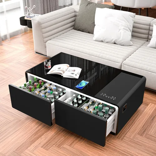 Smart Coffee Table with Built-in Refrigerator, Bluetooth Speakers, Wireless Charging, Power Socket, USB Ports, RGB Lighting, Black