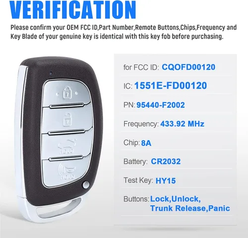 Vista 2 de Smart Remote Keyless Entry Key Fob Replacement for Hyundai Elantra 2019 2020 4 Button 433.92MHz 8A Chip (FCCD:CQOFD00120 P/N:95440-F2002)