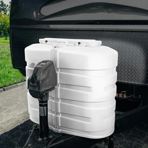 Vista 2 de Camco Cubierta doble para tanque de propano para caravana y caravana, cuenta con panel superior con bisagras y diseño moldeado personalizado, se