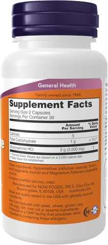 Vista 2 de NOW Suplementos, glucosamina '1000', con certificación de suplemento dietético UL, 0.04 oz por cápsula, 60 cápsulas vegetales
