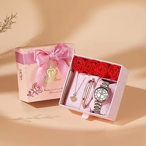 Vista 8 de Reloj de oro rosa para mujer con esfera de diamantes y pulsera, juego de regalo de collar, elegante vestido de acero inoxidable, analógico, cuarzo