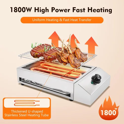 Vista 4 de Parrilla eléctrica de barbacoa para encimera, parrilla eléctrica comercial de 1800 W para exteriores con rango de temperatura ajustable, bandeja