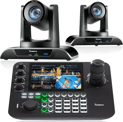 Tenveo Cámara 4K NDI PTZ AI Humanoide y Face Auto-Tracking HDMI/USB3.0/LAN (PoE) Zoom óptico 20X (*2) y 7 '' LCD Quad-Screen NDI PTZ Joystick