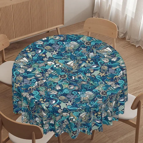 Vista 10 de Mantel redondo con patrón náutico, tela impermeable, reutilizable, lavable, a prueba de derrames, resistente a las arrugas, para cocina, boda