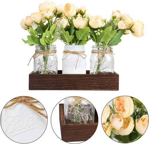 Vista 5 de Fowecelt Luces de tarro de masón, decoración de centro de mesa para comedor, sala de estar, cocina, decoración de mesa de madera, bandeja de madera