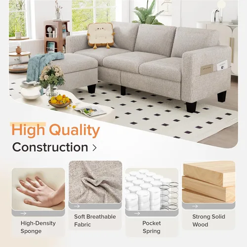 Vista 5 de ZeeFu Sofá modular convertible, sofá modular de 3 plazas en forma de L con otomana móvil, moderno terciopelo marrón moca, tapizado de lino, pequeño