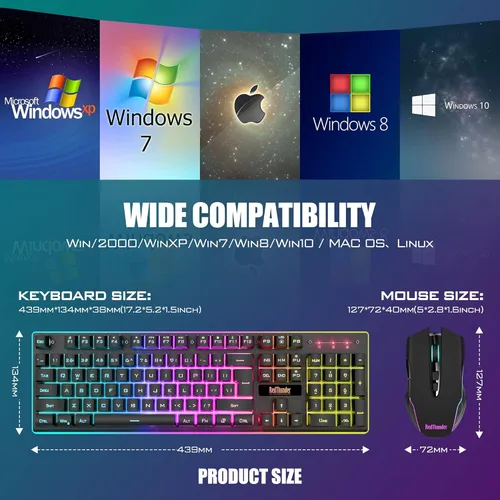 Vista 7 de RedThunder K10 - Combo de teclado y mouse inalámbricos para juegos, batería recargable con retroiluminación LED de 3800 mAh, teclado antighosting