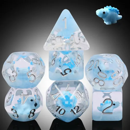 Vista 29 de DNDND Juego de 7 dados DND con temática de dinosaurio bebé, dados poliédricos de resina con números de Sivler para Pathfinder de Calabozos