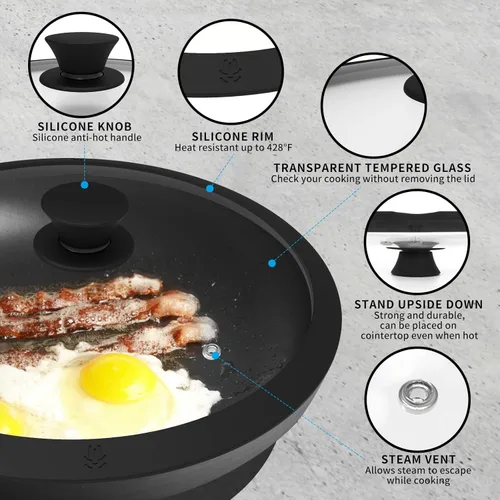 Vista 2 de Tapa de vidrio para sartenes, ollas y sartenes. Tapa de vidrio templado Ventd con borde de silicona resistente al calor que se adapta a utensilios