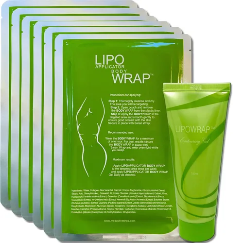 Envoltura corporal con guaraná, té verde y algas marinas, funciona para estómago, vientre, piernas, brazos, abdomen. 6 envolturas + gel