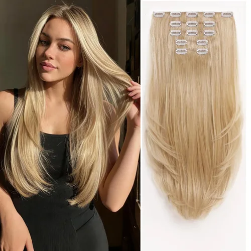 Vista 12 de Extensiones de cabello sintético con clip, color burdeos de 18 pulgadas de largo, invisibles, gruesas, extensiones de cabello lacio con clips, 5