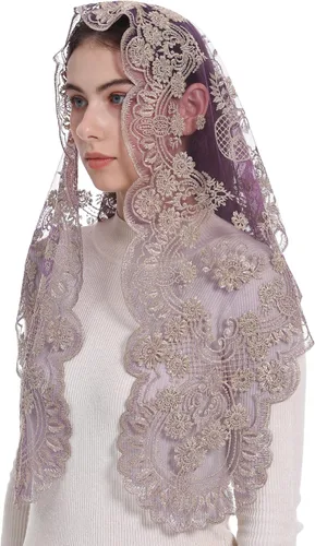 Vista 2 de Bozidol Velo de malta de capilla católica triangular bordado de camelia bufanda de misa latina velo de encaje de iglesia con caja de regalo