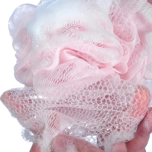 Vista 4 de Esponja de baño de malla multicolor de 2.12 oz/pieza, puf de ducha, esponjas, paquete de 4 (blanco, rosa, morado y azul)