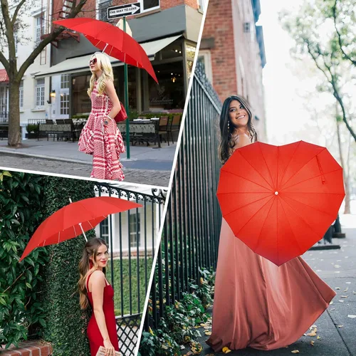 Vista 5 de AoGV Forever Love Parasol rojo con forma de corazón para niñas para San Valentín boda compromiso y accesorios de fotos