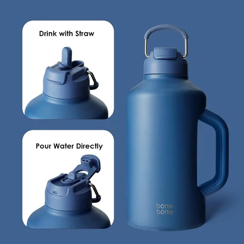 Vista 5 de BOTTLE BOTTLE Botella de agua aislada de 64 onzas con pajita y tapa de doble uso, botella de agua de acero inoxidable para hombres con asa, jarra