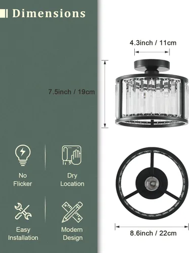 Vista 4 de Lámpara de techo negra empotrada, lámpara de cristal enjaulada de 2 luces, lámpara de pasillo de tambor pequeño, montaje de techo