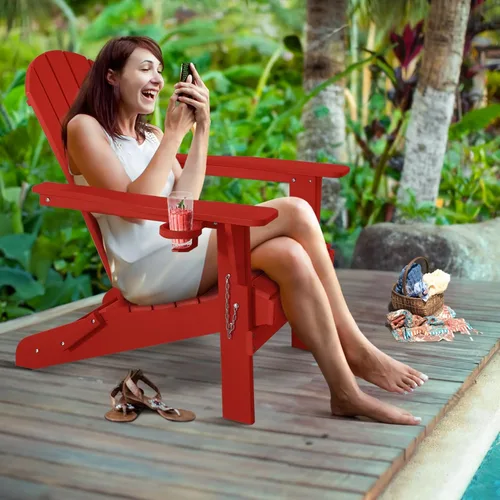 Vista 4 de Silla Adirondack plegable de plástico HDPE con soporte para tazas, sillas para hogueras resistentes a la intemperie, sillas Adirondack para patio