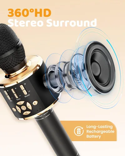 Vista 2 de Amazmic Máquina de Micrófono de Karaoke para Niños, Micrófono Bluetooth Portátil, Micrófono de Karaoke Inalámbrico de Mano con Luces LED, Regalo