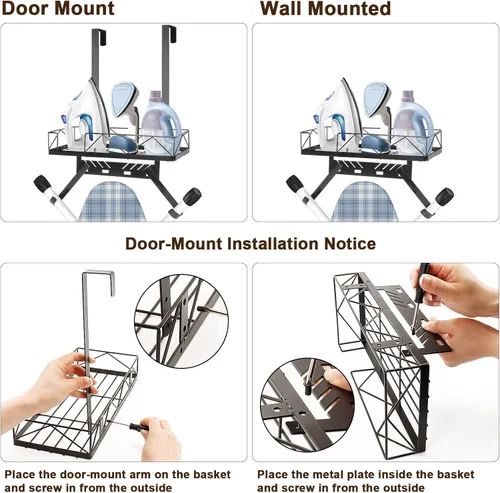 Vista 2 de Colgador de Tabla de Planchar, Caddy de Tabla de Planchar de Metal Sobre la Puerta o Montado en la Pared, Estante de Almacenamiento de Tabla
