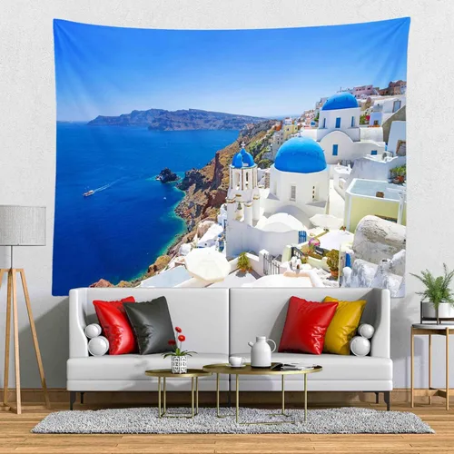 Vista 3 de Loccor Tapiz griego de la isla Santorini, edificio de pueblo griego de Oia, tapiz de pared costero azul, punto de referencia de Europa, para colgar