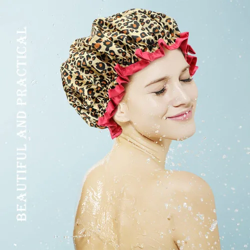Vista 7 de TCOTBE Gorro de ducha para mujer, elástico y reutilizable, protección del medio ambiente, doble capa impermeable