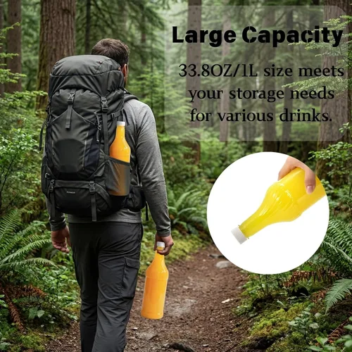 Vista 9 de Noamus Paquete de 8 botellas de refresco de plástico de 33 onzas con tapas, contenedor de jugo de PET transparente vacío reutilizable de 1 litro