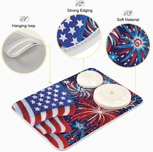 Vista 4 de Tapete patriótico de secado de platos de fuegos artificiales de 16 x 18 pulgadas para cocina, Día de la Independencia conmemorativo del 4 de julio