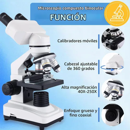 Vista 3 de Microscopio binocular 40X-2500X, oculares WF10x y WF25x, iluminación LED, con soporte para pieza de mano, para principiantes, microscopio para Negro