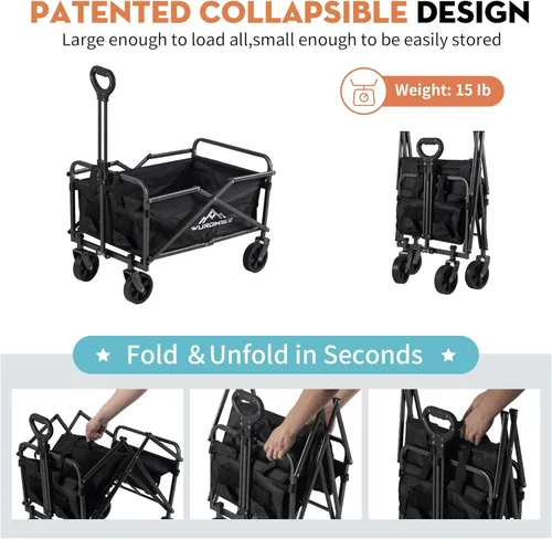 Vista 6 de Beach Wagon - Carro de carro con ruedas plegable, carrito de jardín resistente con ruedas giratorias, gran capacidad y mango ajustable
