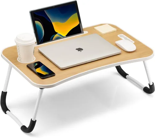 FISYOD Mesa plegable para laptop, bandeja portátil para mesa de cama, soporte para laptop con soporte para tazas, ranura para tableta y asa de Bambú