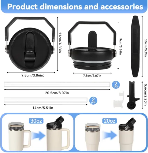 Vista 3 de Tapa abatible con popote para Stanley de 30 y 20 onzas, repuesto superior a prueba de fugas con asa para Stanley Quencher y ProTour de 30 y 20