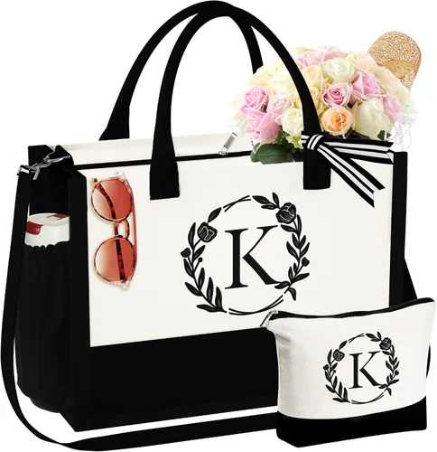 YOOLIFE Bolsa de lona con inicial, bolsa de playa, bolsa de maquillaje con cremallera, regalos personalizados para profesores, amigas, regalos de