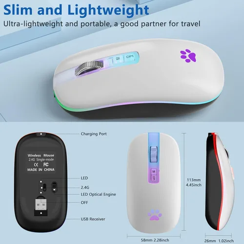 Vista 7 de KARFUN Ratón Inalámbrico, Ratón Portátil delgado con retroiluminación LED para Laptop, PC, MacBook, iPad, Chromebook, Notebook 2.4G Ratón Blanco