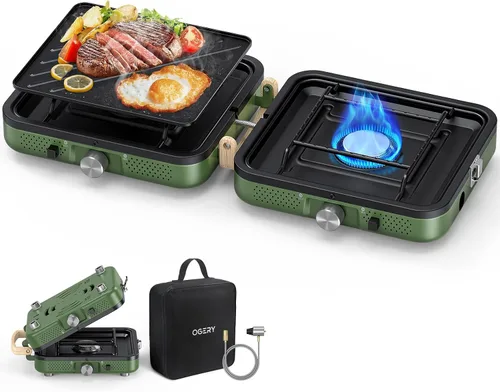 OGERY Estufa de Camping Plegable de 2 Quemadores con Plancha (Texturizada y Lisa) y Bolsa de Transporte, Estufa de Campamento Portátil de Propano