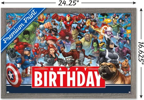Vista 3 de Trends International Marvel - Póster de pared de feliz cumpleaños, 22.4 pulgadas de largo x 14.7 pulgadas, versión enmarcada en madera de granero
