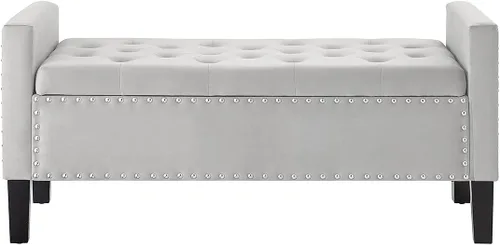 Vista 5 de 24KF Terciopelo moderno tapizado botón de almacenamiento banco con brazos para dormitorio, entrada sala de estar suave asiento acolchado - gris