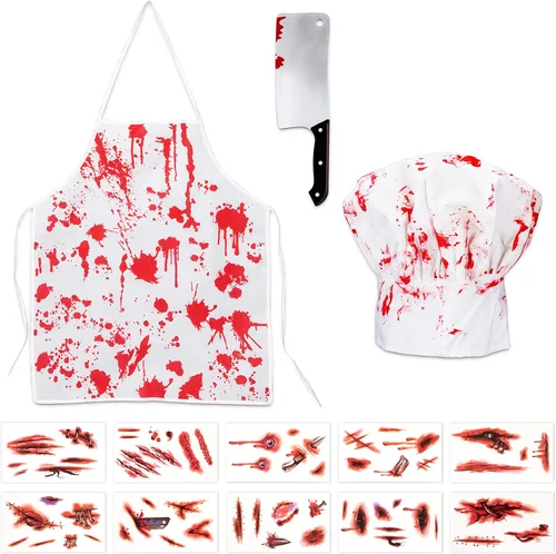 Disfraz de carnicero sangriento de Halloween, juego de miedo, sombrero de delantal de chef de cocina, cuchillo de arma, calcomanías de tatuaje,