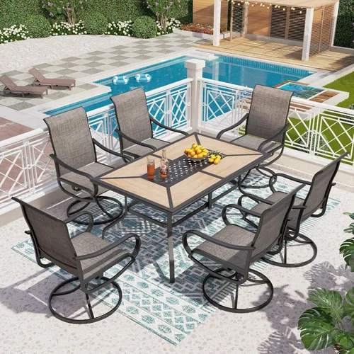 Vista 13 de PHI VILLA Juego de comedor de 5 piezas para patio al aire libre con 4 sillas de comedor giratorias y 1 mesa de comedor similar a la madera, silla