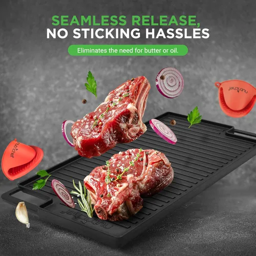 Vista 4 de NutriChef Plancha reversible de hierro fundido de 18 x 10 pulgadas, parte superior plana pre-sazonada y lado de la parrilla acanalada, parrilla