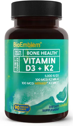 BioEmblem Cápsulas de vitamina D3 K2 (5000IU y 200 mcg) – MK7 y MK4 patentadas para apoyo complejo 3 en 1 – Suplemento vegetariano de vitamina D K2