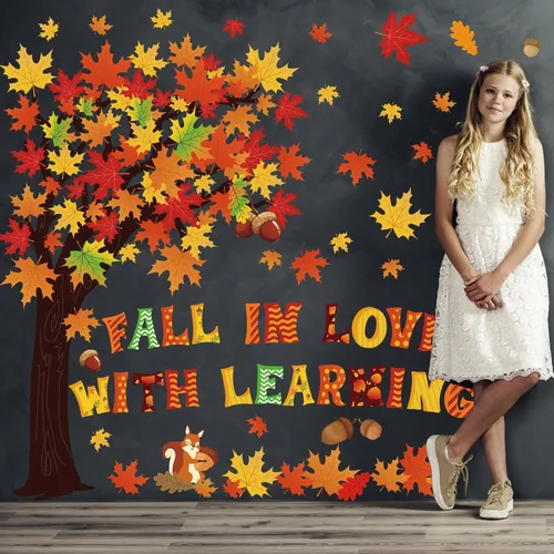 Vista 5 de 123 piezas de decoración de árbol de otoño para el aula, hojas de arce, recortes de tablón de anuncios, decoración de aprendizaje, suministros