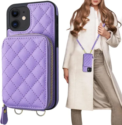 Vista 11 de Bocasal Funda tipo cartera cruzada para iPhone 12/12 Pro, bloqueo RFID, de piel sintética, con cremallera, bolso cartera con tapa plegable, funda