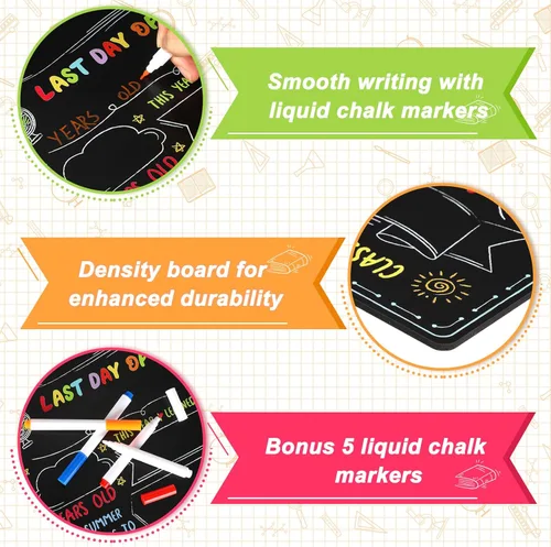 Vista 5 de Letrero de tablero de primer y último día de escuela con 5 tizas líquidas, tableros Fabmaker de 9.4 x 11.8 pulgadas, tablero de densidad borrable